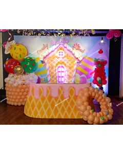 Candy land with flex&2d house & balloon structure with entrance arch