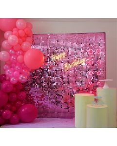 Pink Glitter backdrop with neon happy birthday light and organic balloons