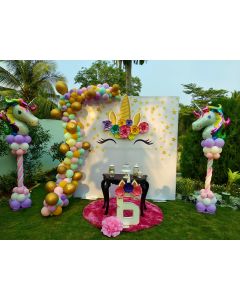 Unicorn themed flex with organic arch and 2 columns with unicorn foils