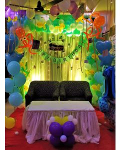 Cloth backdrop with balloon arch