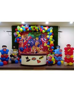 Super heros flex backdrop with balloon arch & columns