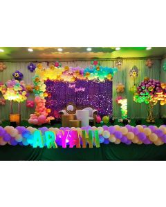 Purple glitter backdrop &balloon tree hotair basket & Balloon arch