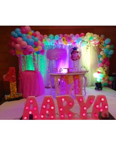 Netted Backdrop withlights behind hotair balloons basket with name cutouts