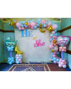 Clothed backdrop with pastel color balloons with 2 columns with foil