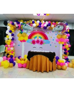 Unicorn Themed With white flex backdrop Pastel Balloons arch & 2 columns with unicorn foils