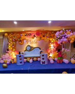 White flex backdrop with balloon arch and hotsir balloon basket