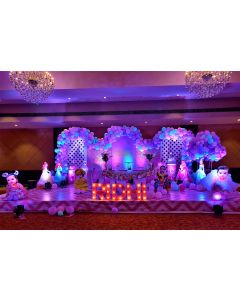 White backdrop barbie theme panels with partial glitters pastel color balloons arch and cutouts