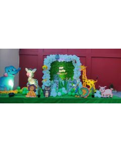 Artificial Grass Backdrop with Organic Balloon Arch Jungle Theme with Animal foam